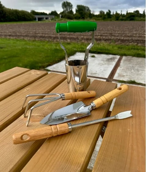 Tuingereedschap set: handschep, harkje, onkruidsteker, bollenplanter